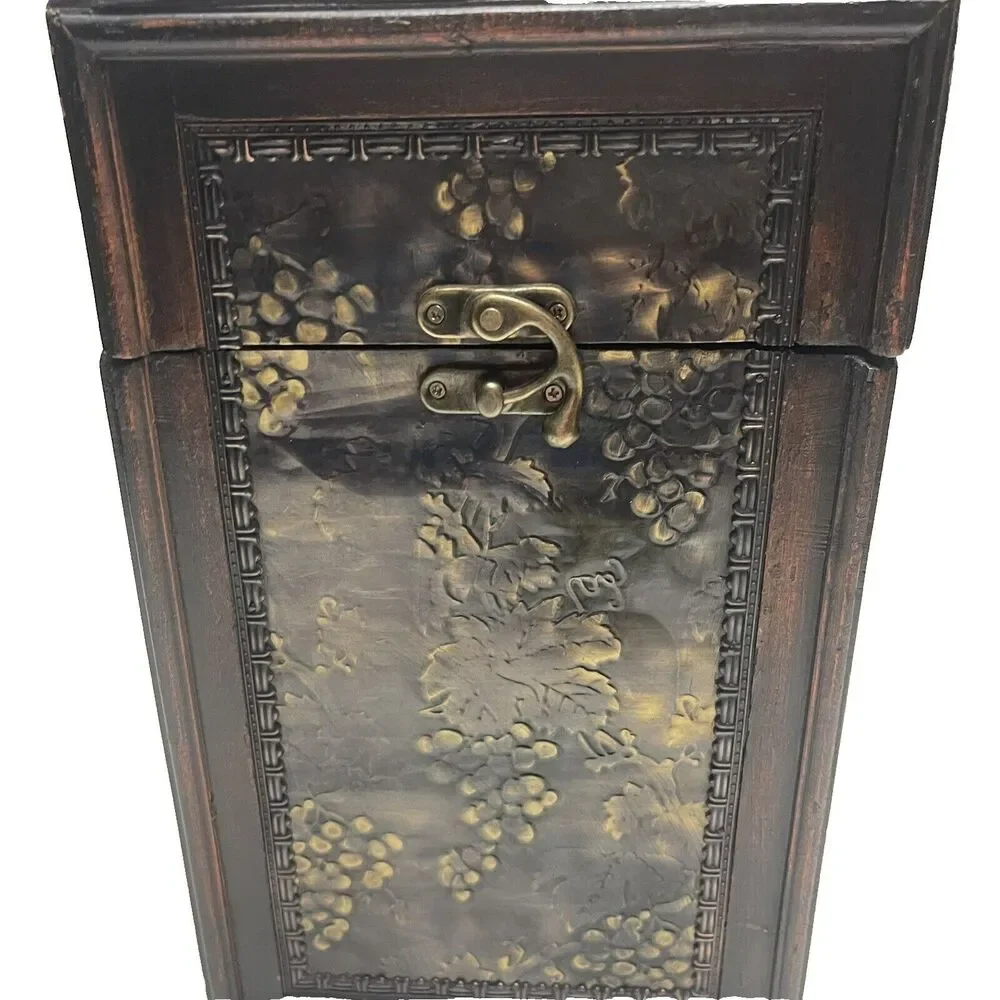 Wood Wine 2 Bottle Holder Hinged Storage Metal Grape Accents Handle Clasp